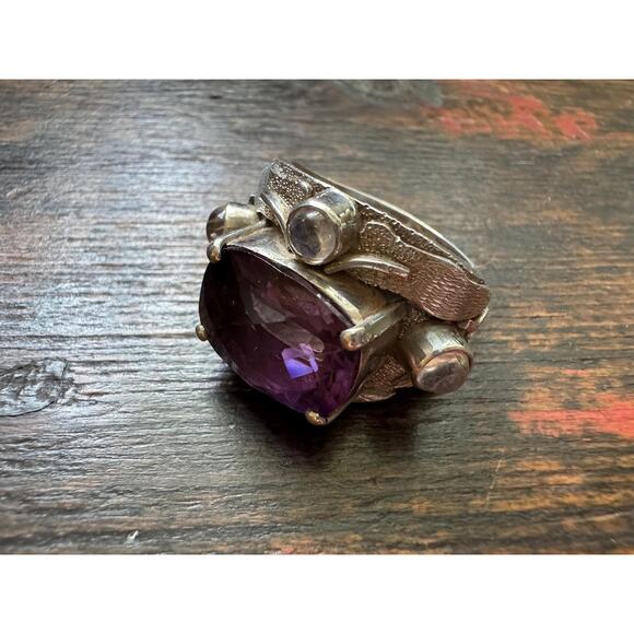 Purple Amethyst Ring Rainbow Moonstone Hand Made Carved Sterling Silver US 8.5 - Picture 6 of 10
